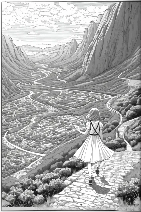 A coloring book for adults depicting a girl wearing a bright white dress walking along a mountain path with many gaps on either side of the mountain and vineyards. Women should be portrayed as beautiful as Emma Watson. The girl in the photo is looking up a...