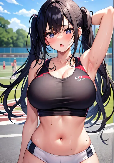 masterpiece、best image quality、ultra high resolution、teenage girl with big breasts、twin tail hairstyle、black hair、sweaty body、red face、mock、Open your mouth just a little、Sweaty track and field uniform of a teenage girl showing cleavage、Well-shaped belly bu...