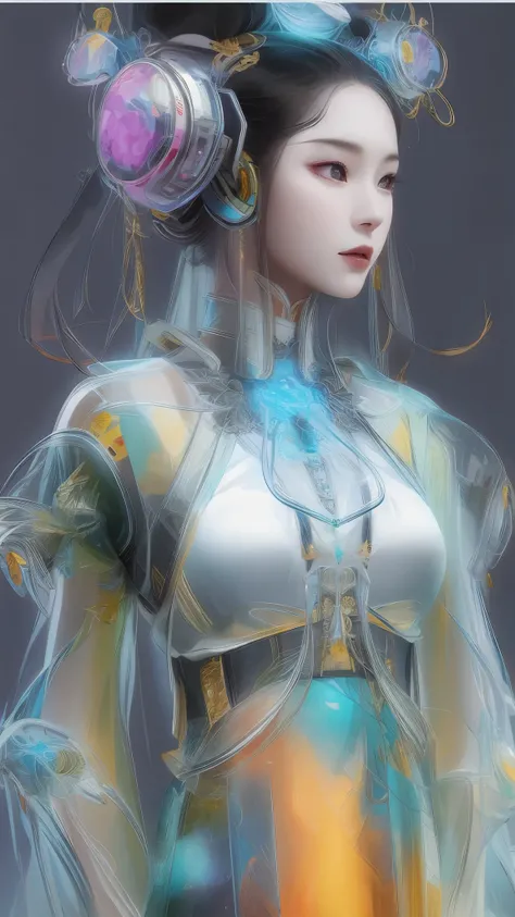 Tang suit，Chinese Hanfu，a image of a woman wearing colorful robot tech, in the style of free-flowing surrealism, shiny/glossy, precise and lifelike, hard surface modeling, precisionist lines, light silver and azure, engineering/construction and design，Lumi...