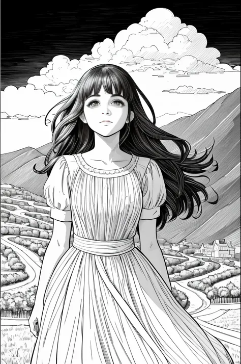 A coloring book for adults depicting a girl wearing a bright white dress walking along a mountain path with many gaps on either side of the mountain and vineyards. Women should be portrayed as beautiful as Emma Watson. The girl in the photo is looking up a...