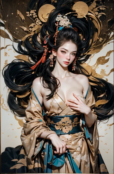 Umalinda warrior sexy, pretty face, Delicious Company, Alluring figure, Wearing a sexy open kimono. The artwork is created in a medium reminiscent of Japanese ink paintings....., 具有大胆的笔触和Monochromatic color palette. artist&#39;Masterful technique reveals t...