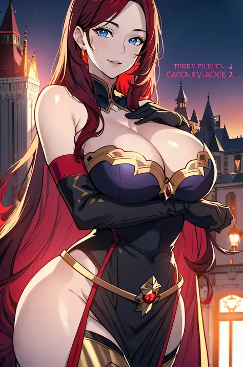 Lian, red hair, hair stick, bangs, blue eyes, solo, smiling, standing, upper body, hips, bare shoulders,purple thighhighs, black dress, gold jewelry,armor,gloves,circlet, cleavage, red and gold royal castle, gigantic breasts, (best quality, masterpiece, be...