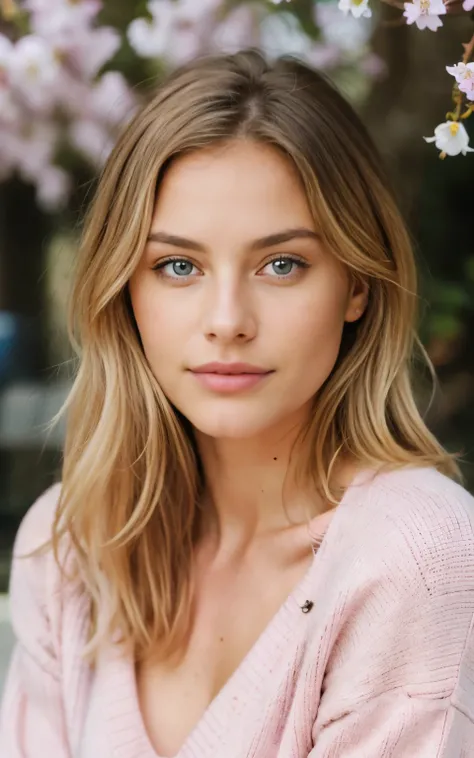 beautiful blonde wearing pink sweater (sitting outside in the spring at a cafe), extreme detailed, 21 years old, innocent face, natural wavy hair, blue eyes, high resolution, masterpiece, best quality, intricate details, highly detailed, sharp focus, detai...