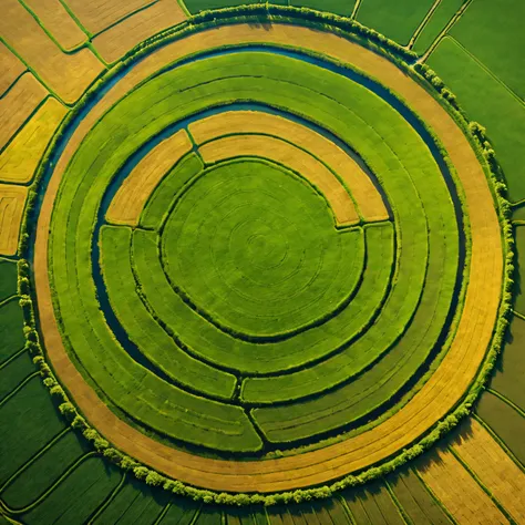 bird&#39;eye view：Rice field strange circle，（best quality、Ultra-fine、lifelike：1.37）、（bright colors、Vibrant shades）、（landscape、nature）、（complex patterns、geometry）、（mystery、interesting）、（dazzling sunshine、warm light）、（Luxurious colors、surreal）、（majestic aeri...