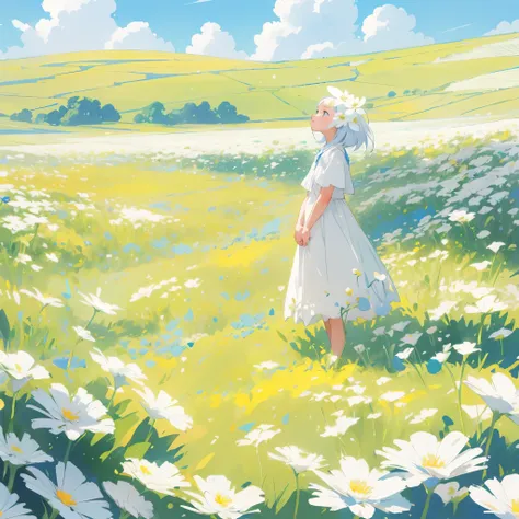 Landscape photo of vast white flower field, A girl standing in a flower field and looking up at the blue sky, Artistic Graphic Arts