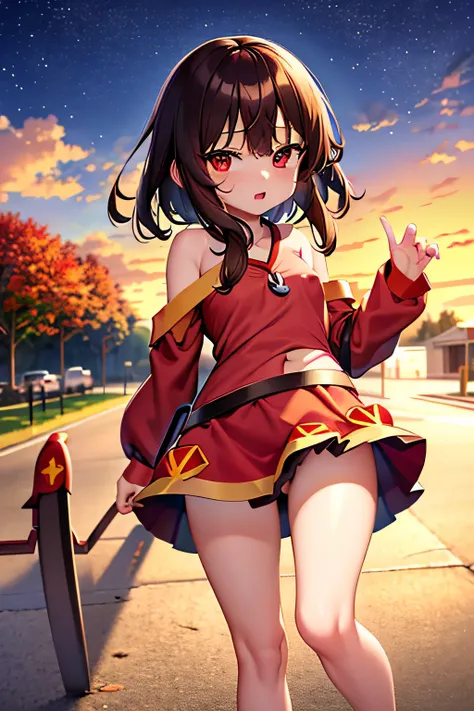 (better quality), [masterpiece], ((beautiful:0.75)  beautiful:0.75), [transparent and clean] pixiv (shape), ((Megumin)), two, walk, night, brown hair, black skirt, red sweater, short hair, red eyes、((sexy))、pointed nipples、belly button