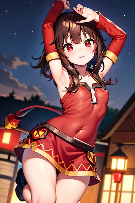 (better quality), [masterpiece], ((beautiful:0.75)  beautiful:0.75), [transparent and clean] pixiv (shape), ((Megumin)), two, walk, night, brown hair, black skirt, red sweater, short hair, red eyes、((sexy))、pointed nipples、belly button