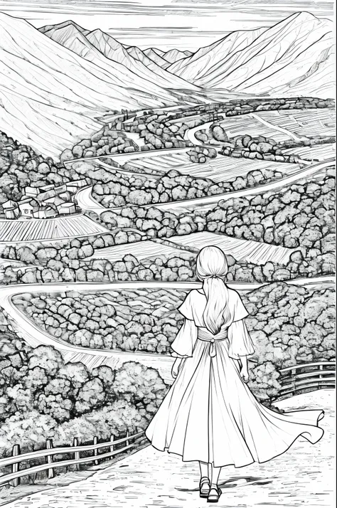 a coloring book for adults depicting a girl wearing a bright white dress walking along a mountain path with many gaps on either ...