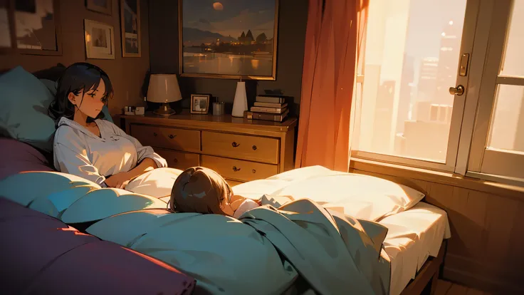 A woman relaxing alone in her room at night drinking coffee