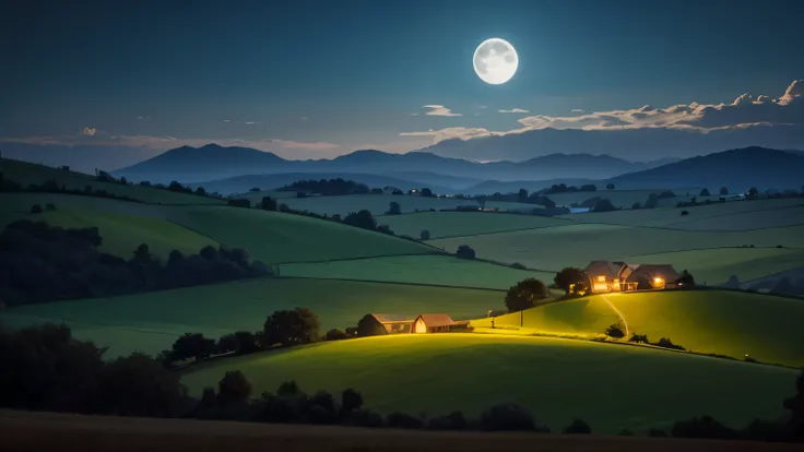 rural countryside at night: Hills and fields lit by moonlight, With a tranquil atmosphere surrounding the landscape.