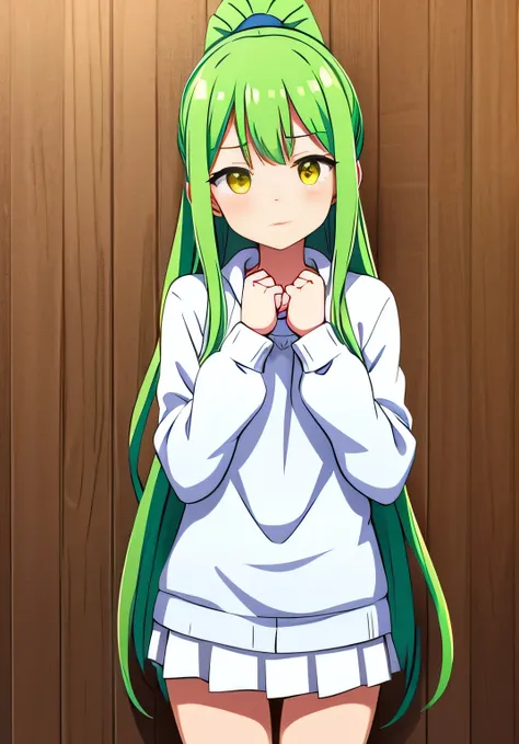 Anime Frau, long green hair, Pferdeschwanz, gelbe Augen, White shirt, green jacket, kurzer Rock, white panties, Vorbeugen