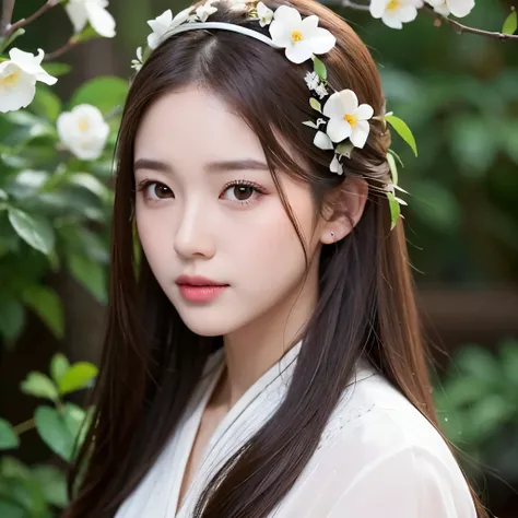 Girl, long brown hair, gray eyes, sharp features, white skin, holding jasmine flowers in her hand