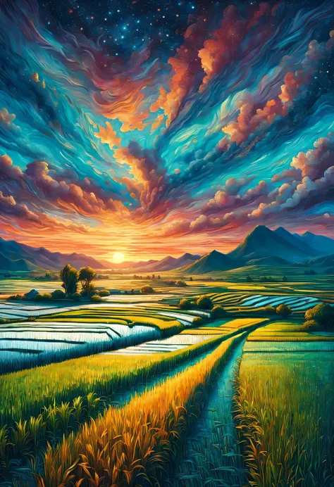 Dan Mumford style，best quality, 8k, high quality, masterpiece: 1.2, Ultra-fine, realism: 1.37, double contact,
(Endless rice fields and ), blue sky, dreamy atmosphere, pastel color palette, Vibrant shades, Impressionist brushstrokes, Subtle lighting effect...