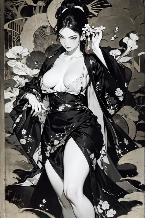 Umalinda warrior sexy, pretty face, Delicious Company, Alluring figure, Wearing a sexy open kimono. The artwork is created in a medium reminiscent of Japanese ink paintings....., 具有大胆的笔触和Monochromatic color palette. artist&#39;Masterful technique reveals t...