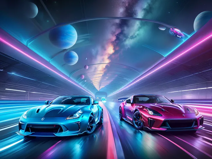 2 supercars Nissan 640Z blue and pink electric color 3 tones, running fast in very big transparent track in subwater tunnel circuit around milkyway, beautiful space planets multitones each side of the car , size 1600*1200 full hd