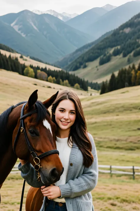 brunette girl ,in the mountains with horses, 24 years old,