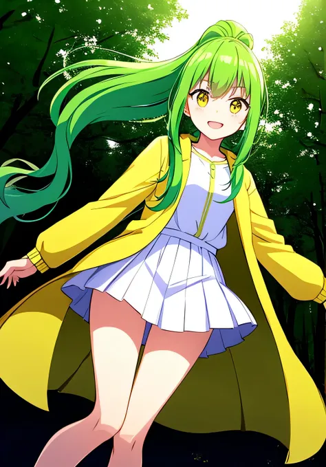 Anime Frau, long green hair, Pferdeschwanz, gelbe Augen, smiling, White shirt, green jacket, kurzer Rock, white panties, Upskirt