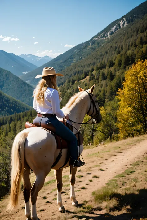 Blonde girl ,in the mountains on horseback, 24 years old,