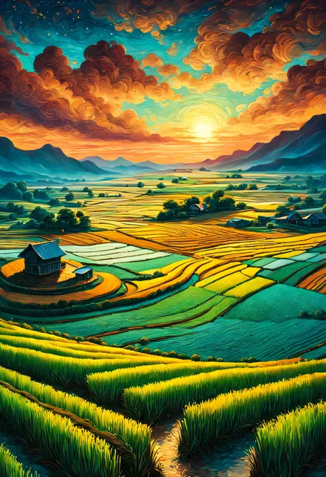 dan mumford style，best quality, 8k, high quality, masterpiece: 1.2, ultra-fine, realism: 1.37, double contact,
(endless rice fie...