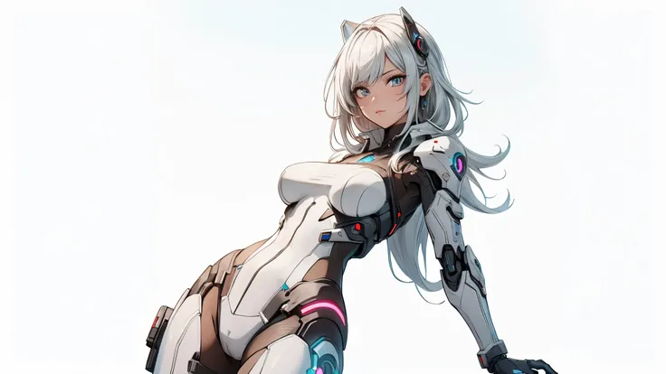 1 garota, a beautiful girl cyborg cyberpunk with a arma de fantasia, fundo da cidade cyberpunk, foco facial, cabelo branco, white machine suit color combination, laranja e preto, the body full of machine, holograma futurista realista, Asian skin tone, lind...