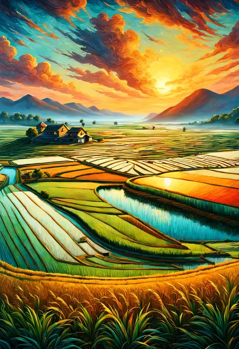 Dan Mumford style，best quality, 8k, high quality, masterpiece: 1.2, Ultra-fine, realism: 1.37, double contact,partial reflection
(Endless rice fields and ), blue sky, dreamy atmosphere, pastel color palette, Vibrant shades, Impressionist brushstrokes, Subt...