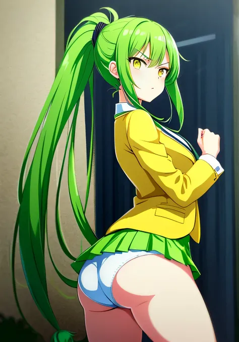 Anime Frau, big ass, long green hair, Pferdeschwanz, gelbe Augen, White shirt, green jacket, kurzer Rock, white panties, angry, geil