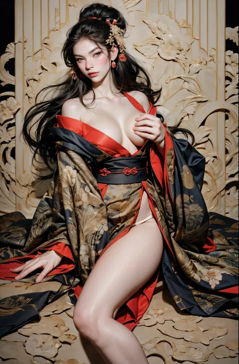 Umalinda warrior sexy, pretty face, Delicious Company, Alluring figure, Wearing a sexy open kimono. The artwork is created in a medium reminiscent of Japanese ink paintings....., 具有大胆的笔触和Monochromatic color palette. artist&#39;Masterful technique reveals t...