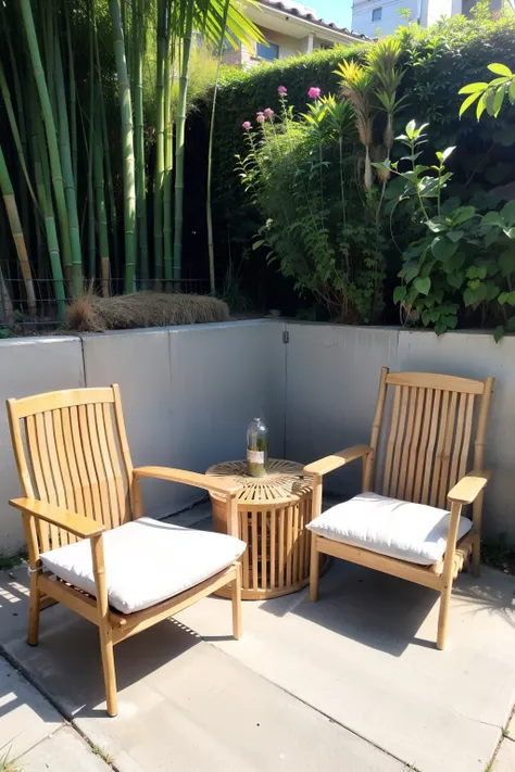 3 bamboo chairs, same structure, each with a different brightly colored cushion