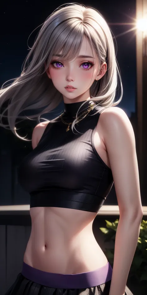 realistic, 1 girl, gray hair, purple eyes, shining eyes, crop top, skirt, parted lips, blush, night, flowers, sun, sunlight,