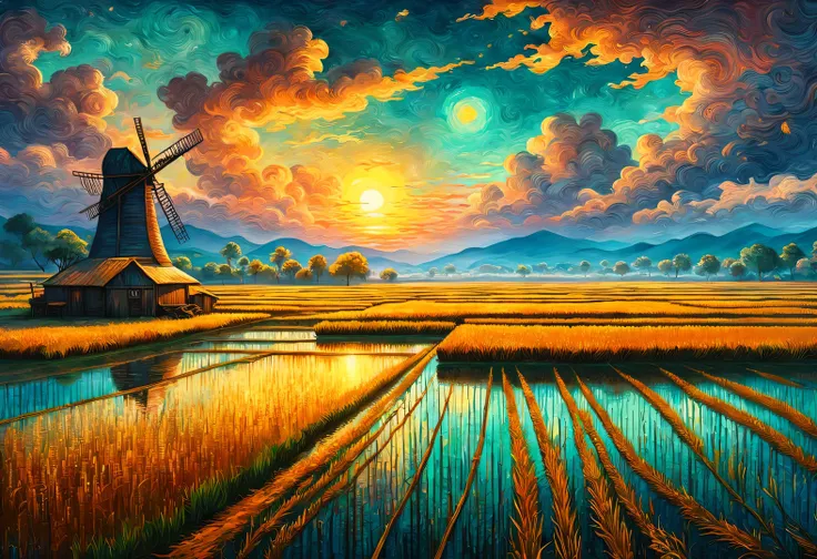 Dan Mumford style，best quality, 8k, high quality, masterpiece: 1.2, Ultra-fine, realism: 1.37, double contact,partial reflection (Endless rice fields and ), seeder，grandmother，blue sky, dreamy atmosphere, pastel color palette, Vibrant shades, Impressionist...