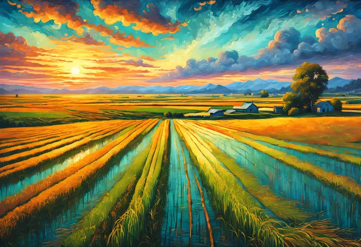 Dan Mumford style，best quality, 8k, high quality, masterpiece: 1.2, Ultra-fine, realism: 1.37, double contact,partial reflection (Endless rice fields and ), seeder，grandmother，blue sky, dreamy atmosphere, pastel color palette, Vibrant shades, Impressionist...