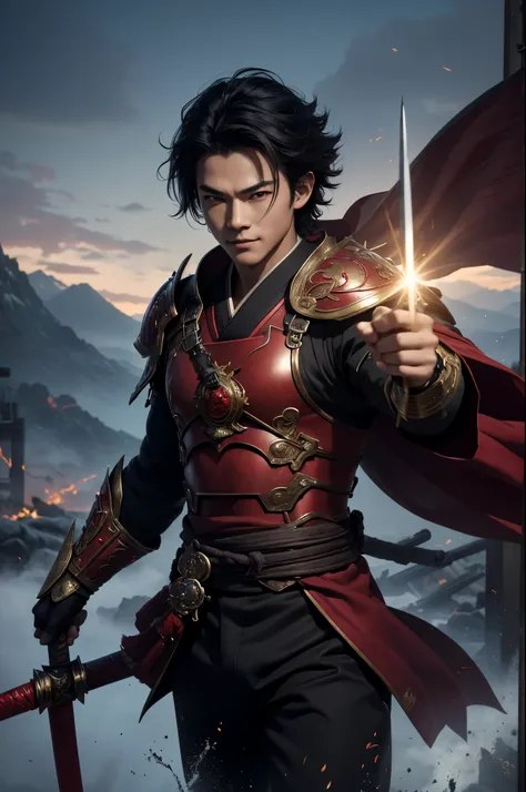 8k、alone、16 year old boy,Super beautiful teenager(like the real thing),red eyes(red glowing effect),Super beautiful teenager,black bob hair,black fabric men&#39;s kimono,black pants(devil&#39;s emblem embroidery),golden decoration,heading there、long and la...