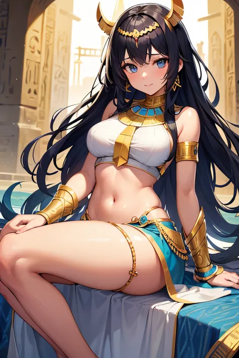 1girl, bangs, long hair, egyptian queen, tan skin, brown skin, blue eyes, white dress, midriff, short skirt, middle-aged woman, mature woman, mother, ancient egypt palace, thick body, venus body