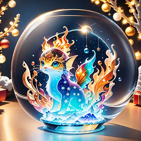 (la best quality,high resolution,super detailed,actual)，flame fish formed from jelly，snow，in the room，christmas decoration，surro...