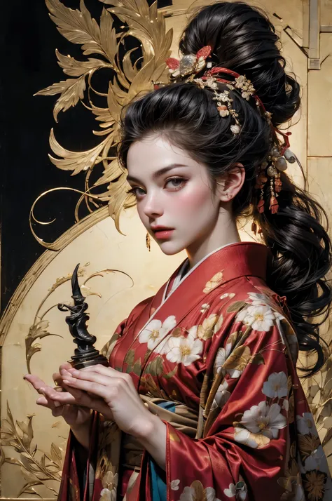 Umalinda warrior sexy, pretty face, Delicious Company, Alluring figure, Wearing a sexy open kimono. The artwork is created in a medium reminiscent of Japanese ink paintings....., 具有大胆的笔触和Monochromatic color palette. artist&#39;Masterful technique reveals t...