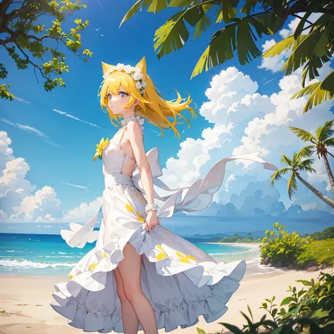 A girl stands on the beach looking into the distance，hair，With cat ear headband，Wearing a white wedding dress，Pupils are blue and yellow。