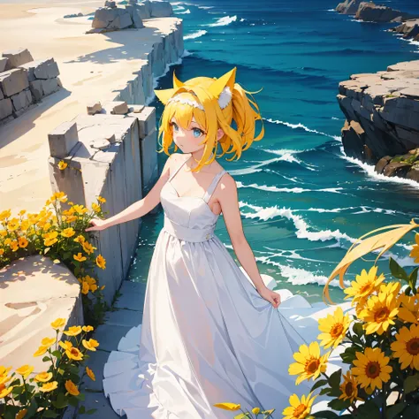 A girl stands on the beach looking into the distance，hair，With cat ear headband，Wearing a white wedding dress，Pupils are blue and yellow。