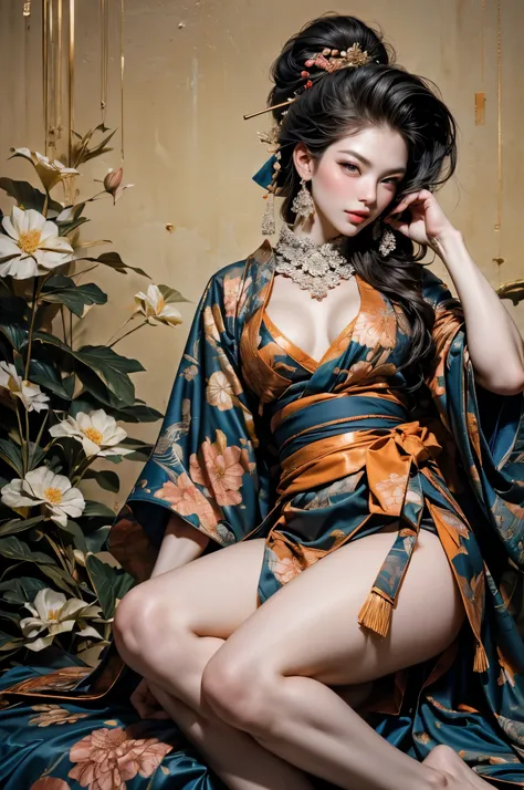 Umalinda warrior sexy, pretty face, Delicious Company, Alluring figure, Wearing a sexy open kimono. The artwork is created in a medium reminiscent of Japanese ink paintings....., 具有大胆的笔触和Monochromatic color palette. artist'Masterful technique reveals t...