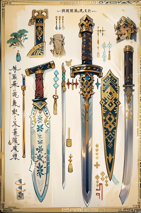 (((best quality))), (((masterpiece))), Chinese ancient weapons to be included in weapons encyclopedia, Waldo, Large ambidextrous knife, picture book, white background, 2 heavy swords