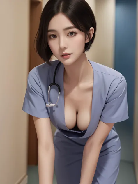 1lady solo nurse, /(black short hair/), /(nurse uniform/), blush, (masterpiece best quality:1.3) delicate illustration ultra-det...