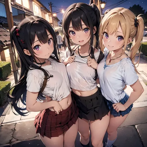 ((highest quality)), ((masterpiece)), (3 girls:1.5), Three cute girls are posing for the camera with pink flowers at night。, (shirtを持ち上げる:1.3), (three people standing in a row), (Close-up shot from the waist up), (open your mouth and smile:1.3), ray tracin...