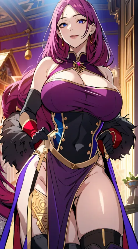 Lian, magenta hair, hair stick, bangs, blue eyes, solo, smiling, standing, upper body, hips, bare shoulders,purple thighhighs, black dress, gold jewelry,armor,gloves,circlet, cleavage, red and gold royal castle, gigantic breasts, (best quality, masterpiece...