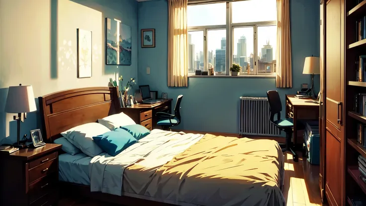 background, anime, soft shadows, room, sunlight coming through the window, masterpiece, detailed contours, beautiful line art, the city can be seen in the window, single bed near the wall, computer desk near the wall in the corner, a small chandelier hangs...