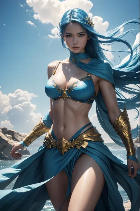 8k、alone、16 year old water goddess,Super beautiful(like the real thing),blue eyes,Super beautiful,beautiful blue hair,blue makeup,blue rouge,Luxurious white and blue long dress with big breasts,sexy.golden decoration,,Remains,amazing work of art、wind effec...