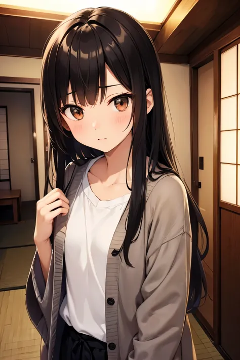 (shy:1.2)、best quality, highres,Slender、small face、brown eyes、tall、black hair、long hair、hostel、Japanese style room、Cardigan、22 years old、Mature、night
