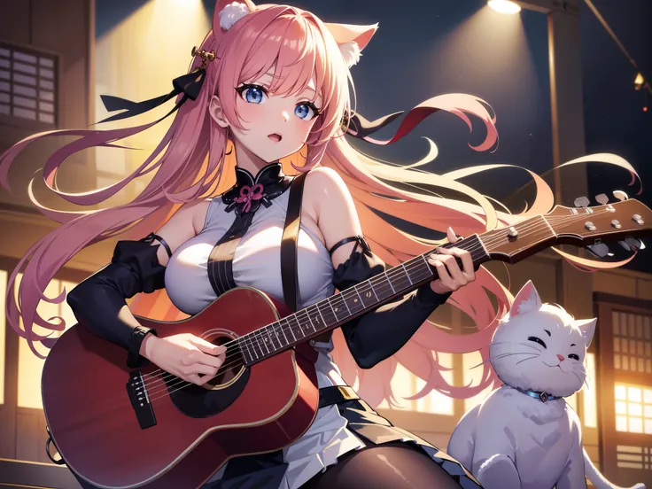 Make two beautiful sex and seductive singer with big breasts in their typical Japanese and seductive clothing beautiful playing the guitar the image has to be attractive to the public masterpiece，melhor qualidade，Realistic lighting，ultra-high resolution， s...