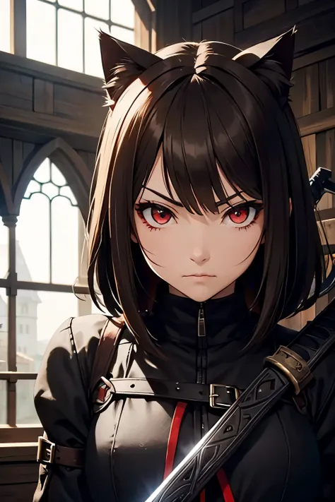 with a girl(assassin)、Light brown short bob、scratched cat ears、red eyes、smart black outfit、angry look、I have a sword in my hand、Inside a castle in medieval Europe、cinematic lighting、High resolution、High level image quality、solo、