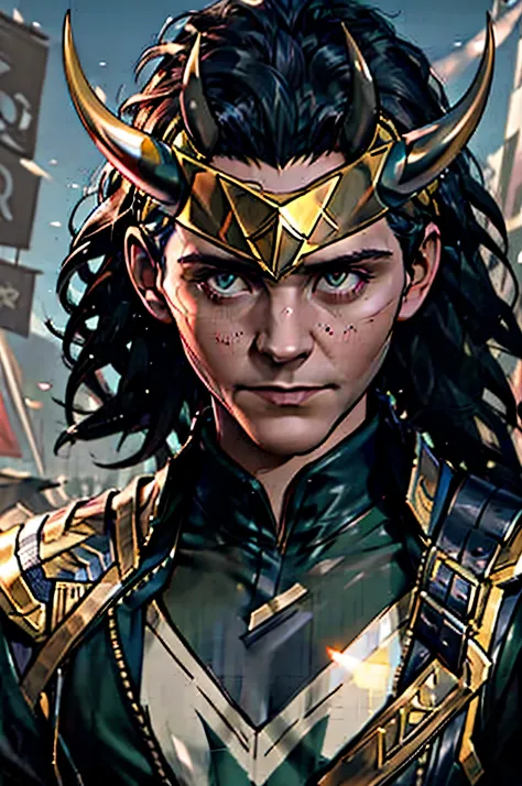 Loki, half body, horn headband, photography, trending on artstation, sharp focus, studio photo, intricate details, highly detailed, by greg rutkowski   