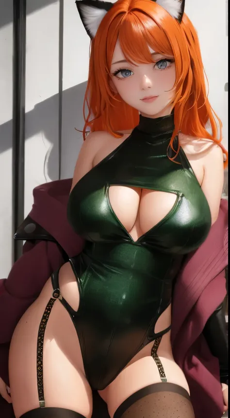 milf, masterpiece, Best quality, ultra detailed, beautiful lighting, 1 girl, orange hair, cat ear, green eyes, freckles, turtleneck top, Looking at the viewer, detailed black stockings with belt, Juicy ass
