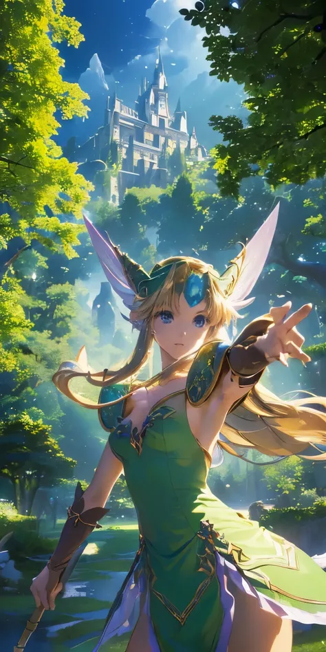(masterpiece, best quality:1.3), Riesz, Seiken Densetsu 3, 1 girl, (upper body:1.3), (looking at viewer:1.3), (using a long spear, in battle pose:1.3), (cinematic lighting, fairy tale, realistic, dream-like, enchanting atmosphere:1.5), (magnificent castle ...